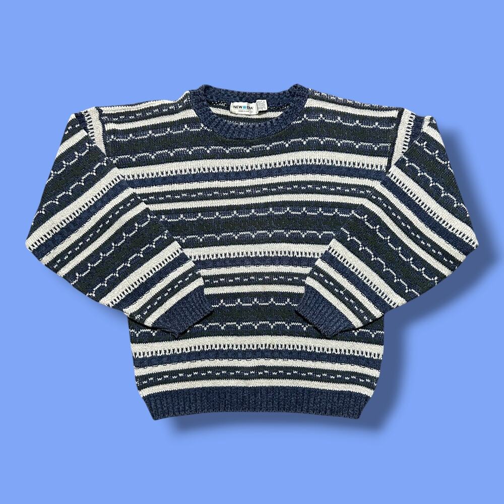 Vintage 90s Sweater Cotton Knit Crewneck Pullover Striped Blue Mens Medium